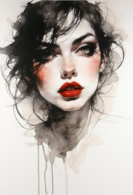 Ink art, watercolour, charcoal, realistic style. Petulant ingénue, sultry pout, teasing gaze directly challenging viewer. Intimate extreme close-up on expressive eyes, lips. Smudged charcoal background. Artistry evokes Egon Schiele's raw linework, Arthur Rackham's delicate watercolour washes. Soft directional light creates subtle chiaroscuro. Desaturated earth tones, stark black ink, muted crimson lips. Velvety charcoal smudges, translucent watercolour bleeds, matte paper. Playful defiance, intimate provocation: wisps of stray hair, knowing glint in her eyes.