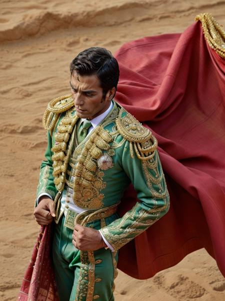 from above,  from front, (bullfighter fighting clockwork bull) wearing (green traje de luces:1.2) with gold designs, holding red cloth, bull charging <lora:tr4j3_v2:0.9> <lora:add_detail:1>  <lora:ClothingAdjuster3:0>