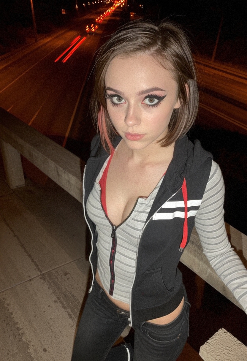 masterpiece, 4k, intricate details, highly-detailed, hyper-realistic, realistic, photorealistic, simple background, white background, 
1girl, looking at viewer, medium breasts, (eyeliner:1.2), 18 year old woman, skinny body, choppy bob hair, {black|red} fitted zip-front hoodie vest worn over a {white|grey|striped black/white} long-sleeve fitted top, paired with {black|dark grey} skinny jeans with zipper details on ankles, highway overpass viewpoint at night, looking down onto dark highway below, streaks of red and white light from passing car headlights and taillights (motion blur effect), concrete structure of overpass dimly lit