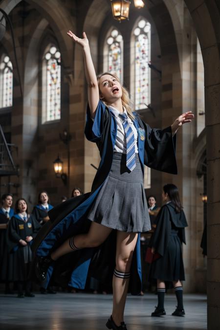 masterpiece, best quality, ultra-detailed, best shadow, evening, hogwarts background, 1girl, solo, a picture of a scared girl, blonde hair, curly hair, (girl floating in the air, girl above ground, girl in air:1.2), girl crying out in fear, (girl screaming:1.4), arms out to the sides, 15 years old, ravenclaw uniform, hogwarts school uniform, <lora:ravenclaw uniform_20240227005600:1>