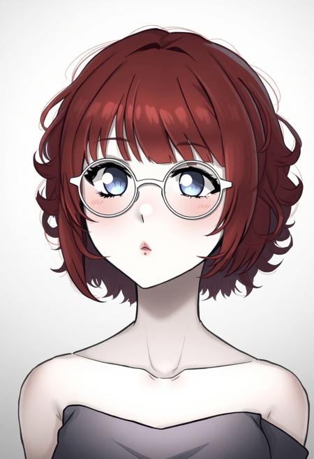 light from front, 1girl, solo,short hair,curly hair,looking at viewer, bangs, blue eyes, simple background, shirt,red hair,bare shoulders, monochrome, upper body, parted lips, glasses, sleeveless, blunt bangs, mole, lips,looking to the side, gradient background, eyelashes, mole under lip, sleeveless shirt, makeup,sunglasses, lipstick, portrait, close-up, pink lips, round eyewear, limited palette, tinted eyewear,looking over eyewear, white-framed eyewear,light blue-tinted eyewear, pink-tinted eyewear,