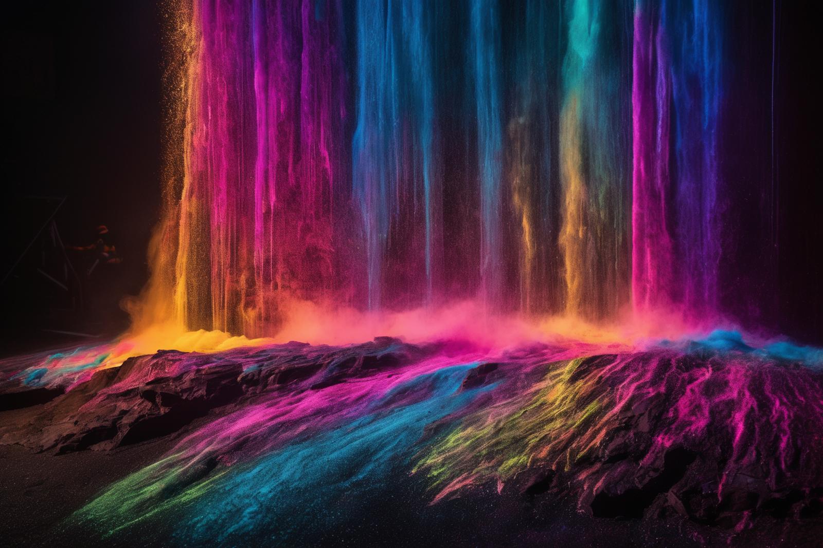 Colorful Waterfall in the Dark with Rainbow Colors
