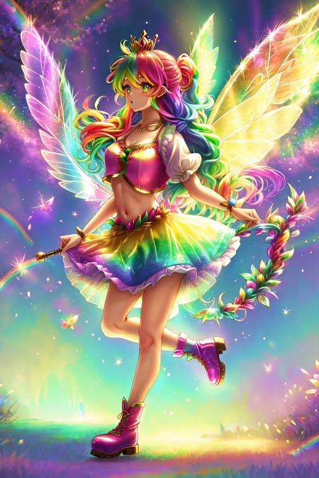 <lora:GoodHands-vanilla:1>, Fairy Forest, Fairy Theme, Fairytale,
1girl, (( rainbow fairy wings:1.2 ), rainbow eyes, ( very long hair, rainbow hair:1.2 ), medium breasts ), ( rainbow crop top, stomach cutout ), ( rainbow miniskirt, rainbow heel boots ), gold tiara,