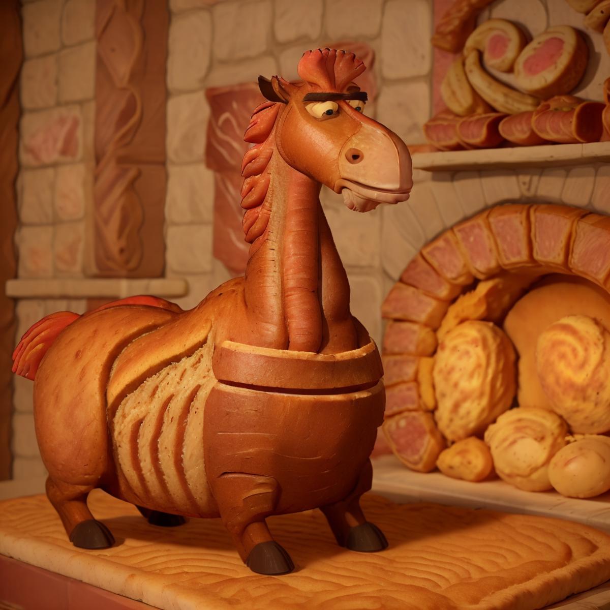 A cake designed to look like a horse with a loaf of bread for a head.