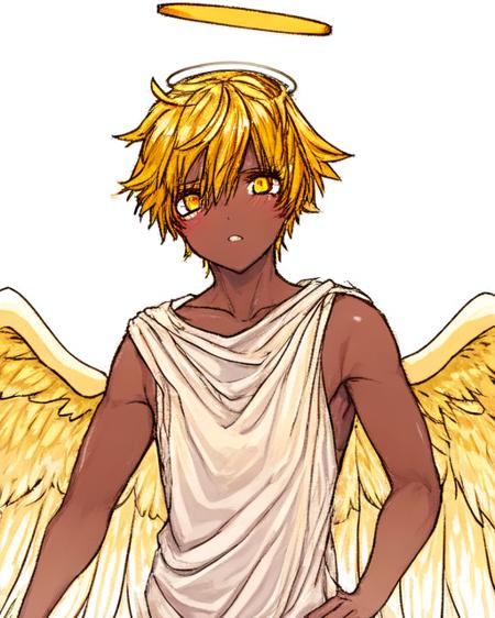 <lora:TakamuranStyle:1>
1boy, dark-skinned male, blonde hair,  no pupils, angel wings, halo, white background