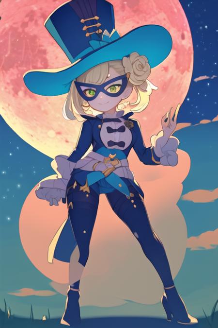 (masterpiece, top quality, best quality, beautiful, and aesthetic:1.2) full body, lapi5, posing, slight smile, moon, 1girl, hat, hair bun, mask, domino mask, blonde hair<lora:lapi5-000010:1>