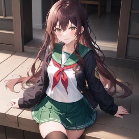 (masterpiece, best quality:1.2),illustration,8k,hd,1girl,solo,upper body,(portrait:1.2),very long hair,brown hair,serafuku,smile,crescent pin,blush,pleated skirt,black thighhighs,red neckerchief,green skirt,brown eyes,long sleeves,hair between eyes,green sailor collar,long sleeves,<lora:Kisaragi(kan):0.7>,