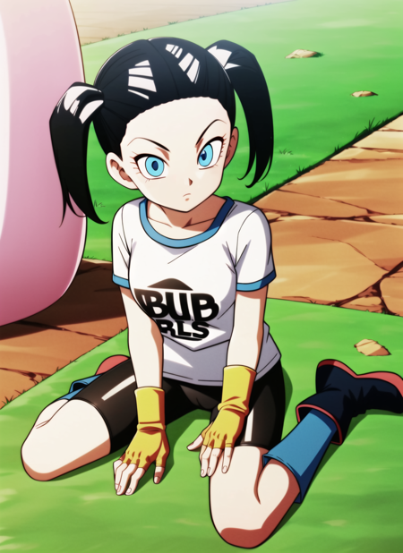 dbsuper style,
1girl, bike shorts, black gloves, black hair, blue eyes, boots, breasts, expressionless, fingerless gloves, gloves, grass, hair tubes, long shirt, looking at viewer, low twintails, shirt, short sleeves, short twintails, sitting, solo, twintails, wariza, white shirt
, ((masterpiece))
<lora:dbsuper_style_offset:1.2>