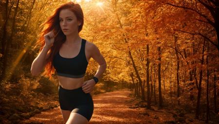 Close-up shot of a stunning athletic red-haired girl running on a scenic dirt trail in a serene autumn forest drenched in golden sunlight, vibrant orange and red foliage, warm golden rays filtering through the tree canopy, her flowing, vibrant red hair catching the golden sunlight. Freckles scattered across her glowing, realistic skin, wearing a sleek black athletic outfit, exuding health, confidence, and determination. The soft warm light creates a magical, cinematic atmosphere with a soft path blanketed with fallen leaves, immersive natural lighting, high detail and realism, peaceful and tranquil atmosphere, photorealistic. The image features sharp details, lifelike textures, and vibrant colors