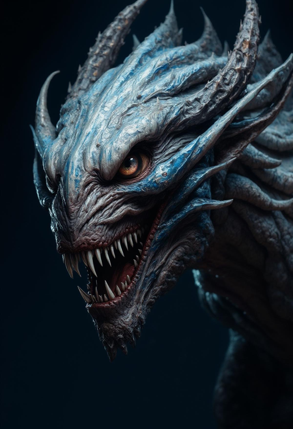 A creature with a menacing appearance, featuring sharp teeth, a horned head, and icy blue and white details, is captured in a close-up shot. The creature's skin appears rough and textured, with intricate details like scales and spikes. The background is dark, emphasizing the creature't's features. The image is of high quality, with sharp details and a realistic portrayal of the creature. masterful composition, visible brush strokes and fine lines, eerie atmosphere