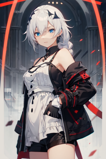 SinHunterKallen, 1girl, solo, long hair, blue eyes, hair ornament, gloves, dress, hair between eyes, bare shoulders, braid, white hair, black gloves, black jacket, braided ponytail, short shorts, black shorts, 