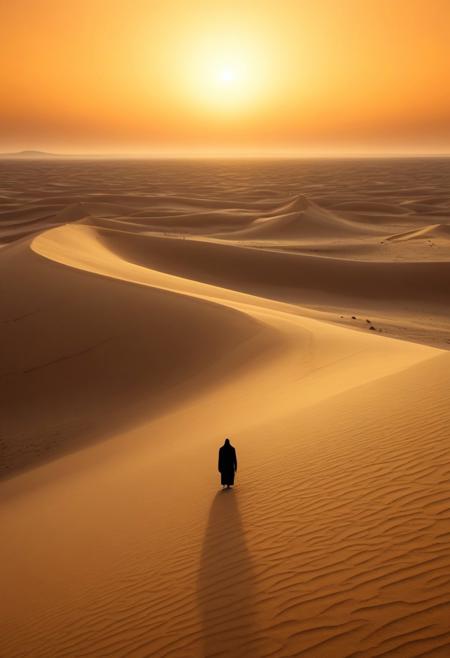 score_9, score_8_up, score_7_up, score_6_up,
A vast, alien desert landscape with towering, smooth sand dunes stretching endlessly under a soft golden-orange sky. The dunes are graceful, their curves shaped by the wind, and the horizon feels boundless. Far in the background, a massive planet looms large, its cratered surface visible even from a distance, casting an otherworldly light over the scene. The dunes rise and fall like frozen waves, adding depth and motion to the serene environment. Atop one of the tallest dunes, in the center, about 300 meters from the camera, a lone cloaked figure stands still, their silhouette  stark against the sky. The figure, though small in scale, draws attention amidst the grandeur of the landscape, emphasizing the vastness and isolation of this mysterious world. Yellowish color grading, cinematic lighting, 4k, ultra detailed,