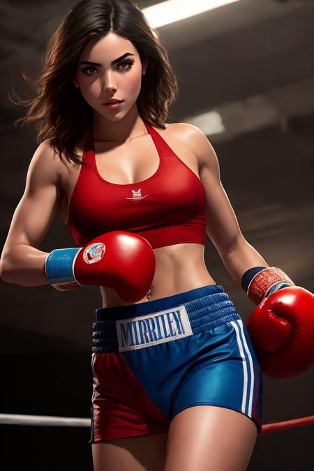 picture of (andreabotez:0.95), a woman as a boxer, (wearing red boxing gloves:1.2), (wearing blue trunks:1.2), (standing in a boxing ring:1.2), modelshoot style, (extremely detailed CG unity 8k wallpaper), photo of the most beautiful artwork in the world, professional majestic oil painting by Bastien Lecouffe-Deharme, Greg Rutkowski, Studio Ghibli, by Jeremy Mann, Greg Manchess, Antonio Moro, trending on ArtStation, trending on CGSociety, Intricate, High Detail, Sharp focus, dramatic, photorealistic painting art by midjourney and ed blinkey, (in a boxing match:1.1), cleavage, (looking at viewer), (detailed eyes:1.2)