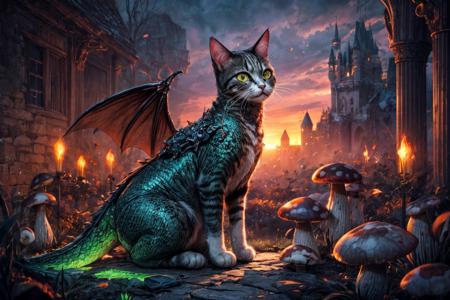 (RAW photo, 8k uhd, Analog style, Masterpiece, Best Quality, Highres:1.4), (dramatic, cinematic:1.2), BREAK,
movie shot of hyperdetailed (cat headed:1.35) (dragon:1.3), ((dragon:cat:0.77):1.15), (glowing:1.2) (scales:1.1), (tail:1.0), golden eyes, green (armor:1.25), lying in the detailed ((magic:1.1) forest:1.1), (castle ruins:1.32), (overgrown:1.2), (hill:1.2), (roots:1.05), (mushrooms:1.27), (light particles:1.2), (glowing sparks:1.07), (green magic:1.1), (sunset:1.22), soft lighting, (campfire:1.03), (treasures:1.3), (from side:1.1), BREAK,
(photorealistic:1.2), (intricate:1.4), (light theme:1.4), (mysterious, fabulous, fantasy, mystical:1.3), (hyperdetailed, absurdres:1.2), (colorful:1.3), (no humans:1.4), (elegant:1.1), vertical pupils, (bat wings:1.2), (dragon wings, claws, spikes:1.15), (glowing ornament:1.2), (incredible, amazing, esoteric:1.2), BREAK,
<lora:more_details:1>,
<lora:zoom_slider_v1:2.38>