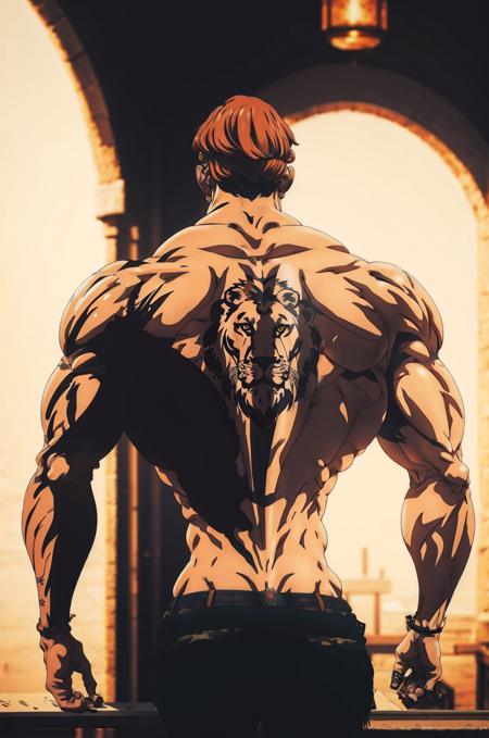 escanor Topless / armor, gold armor, blue shield weapon, axe, rhitta tattoo, from behind, lion head on back fire ball, hold fire, fire