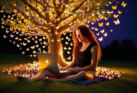 1girl, midshot, solo, college girl, model face, cute face,
woman sitting under a tree working on a laptop made from butterflies,
laptop powered by butterfly wing flaps, 
(laptop covered in butterflies:1.3) , 
laptop in butterflyStyle, 
tree glowing yellow-orange,
(laptop plugged into tree:1.2), 
dark red wavy hair,  happy, closed mouth smile, small nose,
 t-shirt, shorts, butterflies in air, low angle,
vibrant butterflies, extreme colors, shallow depth of field, fashionable attire, young adult,
night time, glowing tree, purple electricity sparks from butterfly,
quarter turn, dutch angle, quarter view,
butterflyStyle
