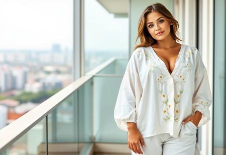 Model Appearance: The model hair is styled in a loose, casual updo with a few strands framing her face. she has curvy hourglass figure, with large D-cup breasts and wide hips.
Outfit (Lingerie): She is dressed in a matching white, loose-fitting outfit consisting of a long-sleeve tunic and matching pants. The tunic has a V-neck and is adorned with delicate, embroidered floral patterns in shades of yellow and white, depicting daisies and foliage. The fabric appears to be a light, breathable material, possibly cotton or linen.
Setting: she standing on a balcony with a cityscape visible in the background.