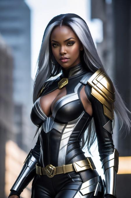 X-Men Storm, (black female), (African), dark skin) (silver long hair)), UHD, super detailed, sexy physique, arms at waist height, wide hips, large breasts, perfect body, sexy stance,((dressed in black) and gold body armor)) cyberpunk,SteelHeartQuiron character,elina,lun4,photo r3al <lora:cyborg_style_xl:1>