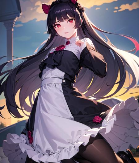 (ultra detailed),(masterpeace),(best quality),(photorealistic), beautiful lighting,CG,(colour:1.2),1girl, solo, day,park, <lora:kuroneko_oreimo_V1:1>,gokou ruri, black hair, long hair, straight hair,red eyes,  black dress,black pantyhose, pumps,hair band,