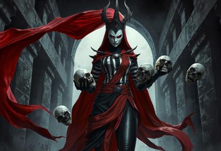 Underworld Princess: black figure, white mask, striped shirt, red sash, holding skulls, red cape flowing. Dynamic action pose, dark fantasy, ominous, high-res, trending on Artstation, octane render, unreal engine 5, Raphael style, splash ink illustration, golden ratio, CGSociety.background Curse of the Shadow Prison