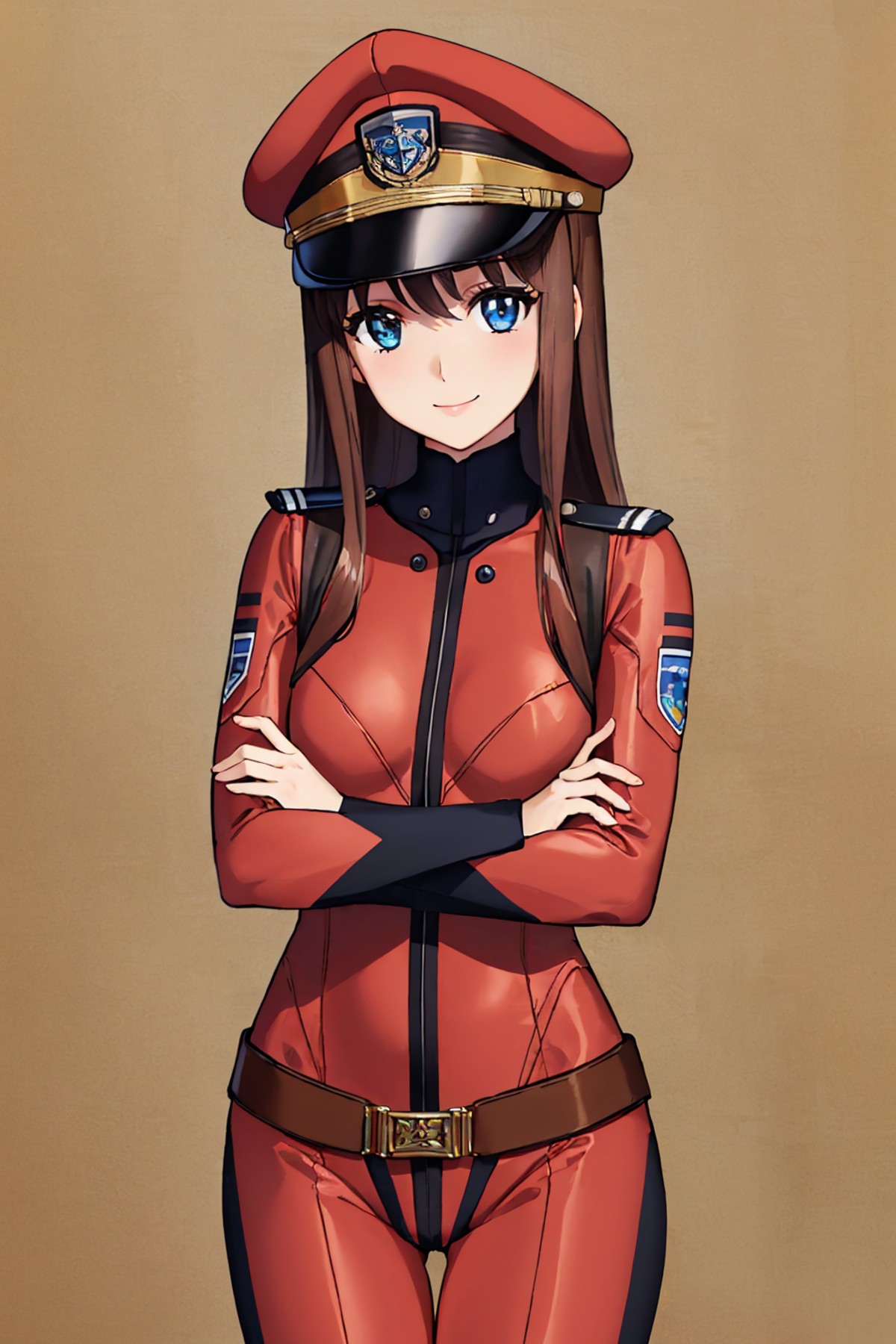 (masterpiece, best quality:1.2), solo, 1girl, smile, looking at viewer, peaked cap, blue eyes, red yamatosuit <lora:attire...