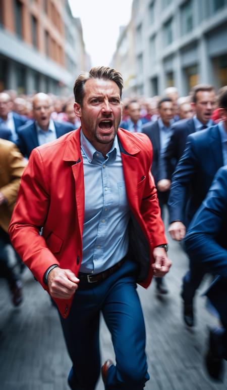Dynamic angle shot of a businessman rushing through a busy crowd wearing a red jacket with motion blur, cinematic look, film, breathtaking photograph, award-winning, professional, dlsr, dramatic light, highly detailed . 35mm photograph, 4k, vivid colors, daylight, warm atmosphere, focus stacking, shot on hasselblad, split lighting, extreme colors, <lora:add-detail-xl:1>, <lora:SDXLHighDetail:0.5>