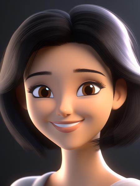 3d, A young brunette woman with light brown eyes, black hair, looking while smiling, displaying a lovely smile, tears welling up in her eyes,