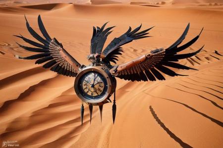 Clock with wings and talons in hot desert, flying higher up off the ground, unsupported