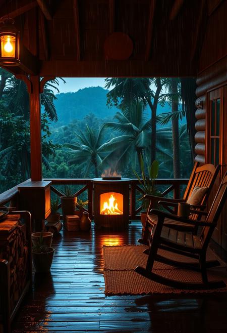 A cozy wooden cabin porch in the middle of a lush, tropical rain forest during a nighttime rainstorm. The porch is warmly lit by a glowing lantern and a crackling fire inside a freestanding black metal fireplace. Rain pours heavily in the background, with mist rising between densely packed forest trees and distant jungle hills. The porch floor is wet and reflective, with stacked logs of firewood, green potted plants, and rustic wooden furniture, including a rocking chair and a small table holding a cup and a pitcher. A woven rug adds a touch of warmth to the space. The overall atmosphere is tranquil, immersive, and cinematic — ideal for a relaxing ASMR or ambient scene. Soft warm lighting contrasts beautifully with the deep blues and greens of the rain forest night.