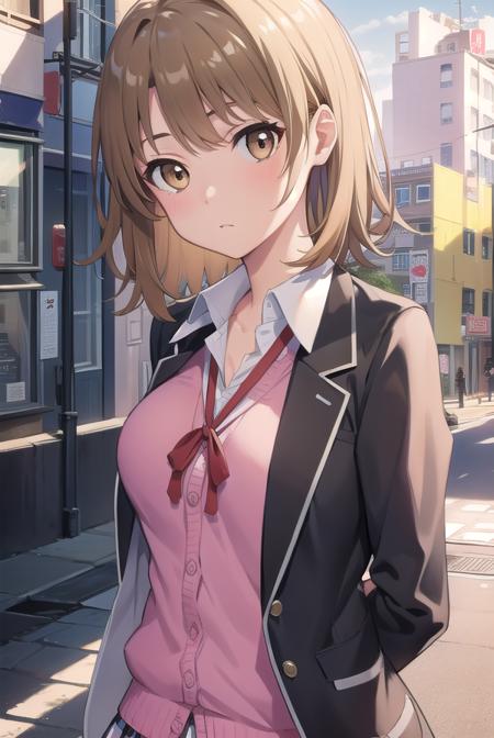 irohaisshikitest, <lora:irohaisshikitest:1>, iroha isshiki, short hair, brown hair, (brown eyes:1.5),
BREAK skirt, shirt, ribbon, school uniform, jacket, white shirt, open clothes, socks, open jacket, black jacket, plaid, kneehighs, plaid skirt, blazer, cardigan, black socks, pink cardigan, sobu high school uniform,
BREAK outdoors, city,
BREAK looking at viewer, BREAK <lora:GoodHands-vanilla:1>, (masterpiece:1.2), best quality, high resolution, unity 8k wallpaper, (illustration:0.8), (beautiful detailed eyes:1.6), extremely detailed face, perfect lighting, extremely detailed CG, (perfect hands, perfect anatomy),