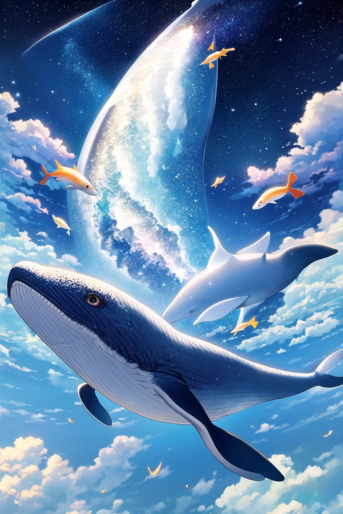 Blue and white whale and fish in a blue sky with clouds.