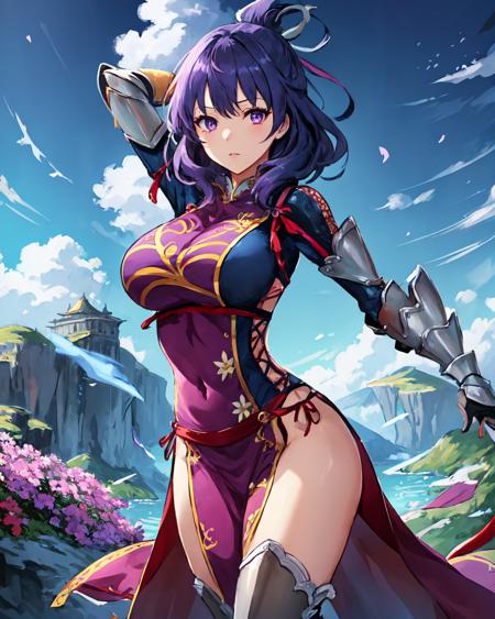 best quality, (masterpiece:1.2), illustration, absurdres,
(1girl), (solo), (beautiful detailed girl), cowboy shot,
<lora:Rixia-08:0.8>, Rixia Mao, dark purple hair, medium hair, purple eyes, huge breasts,
purple china dress, armored boots, thighhigh boots, thigh boots, armored gauntlet, pelvic_curtain,
magical forest, flowers, distant mountains, sky, clouds,