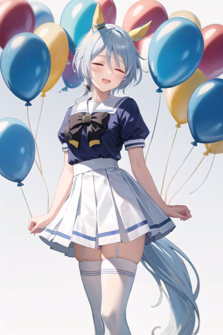 <lora:KSMUMA-06:0.6>,k.s.miracle, 1girl, solo, smile, short hair, open mouth, skirt, simple background, shirt, thighhighs, white background, bow, animal ears, school uniform, blue hair, standing, tail, closed eyes, short sleeves, puffy sleeves, bowtie, sailor collar, white thighhighs, puffy short sleeves, feet out of frame, ^_^, arms behind back, white skirt, horse ears, horse girl, facing viewer, horse tail, balloon, tracen school uniform