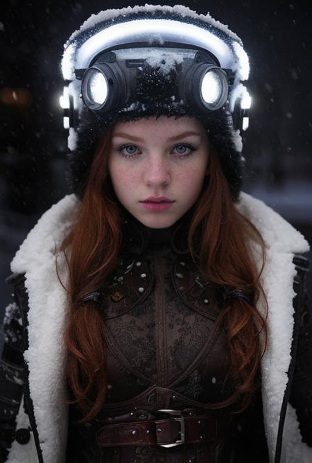 ginger, Artistic Portrait 18yo beautiful woman, perfect nose, perfect face, perfect, gorgerous, slim girl , Caucasian, white skin, white eyes,  snowstorm,  snow, wind, blizzard, light theme, steampunk outfit, black eyeliner, cinematic light, Night Photography, Light Beans, dramatic light, intricate details <lora:ginger_v03:0.6> <lora:steampunkengis_ss13_mech:1>