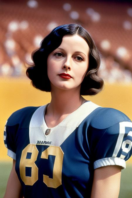 2016 color photograph of (h3dy14m4rr:1.0) with a (asymmetrical straight bob haircut) wearing a (football uniform)