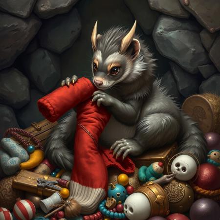 A dragon ferret hybrid, a furry dragon with ferret features, a ferret evolved into a dragon, stealing a rolled up sock, hoarding trinkets and toys mixed with treasure, grabbing red sock, grey  brown  and white colored fur, furry tail, laying on top a pile of hoarded treasure with socks and plushies, cave background