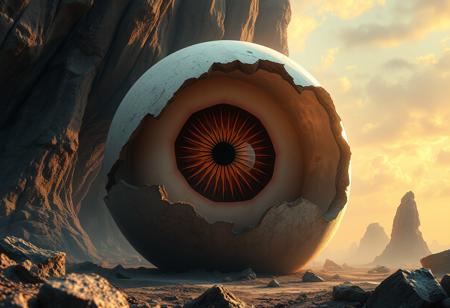 cinematic, 32k, hyper detailed, a giant eyeball hatching out of a giant egg