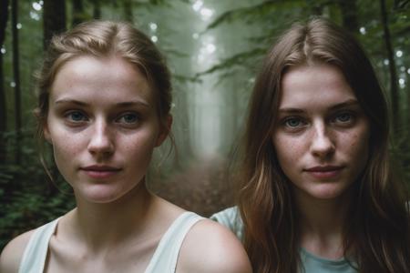 hyper realistic photograph, film grain, Kodak portra 800, f1.8, close up of two beautiful 18yo danish women,  walking through a dense forest, haze,  fog, dim diffuse light, detailed faces, beautiful faces, beautiful eyes, piercing eyes, gaunt, tired, dehydrated, crazy smile, unhinged, psychopathic