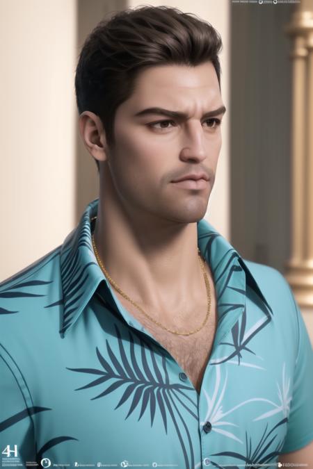 standing in front of a golden sculpture in a room with columns and columns, (Close-Up:1.3),
Standing at attention,
(blue_shirt:1.5),necklace,jewelry,Jeans,
<lora:Tommy_Vercetti_GTA_Vice_City-KK77-V1:0.7>,black_hair,
1 Man, 33yo,male,looking at viewer,(angry:1.0),
NSFW,official art,extremely detailed CG unity 8k wallpaper, perfect lighting,Colorful, Bright_Front_face_Lighting,
(masterpiece:1.0),(best_quality:1.0), ultra high res,4K,ultra-detailed,
photography, 8K, HDR, highres, absurdres:1.2, Kodak portra 400, film grain, blurry background, bokeh:1.2, lens flare, (vibrant_color:1.2) 
(no_watermark)