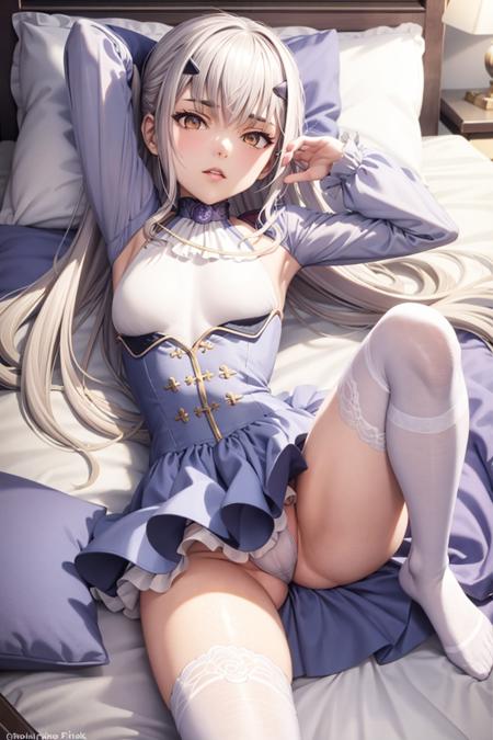 masterpiece, best quality,1girl, fairy knight lancelot (fate),legs lift,(lie on the side:1.2),panties, long hair, dress, thighhighs, forked eyebrows, blue dress, breasts, looking at viewer, pillow, pillow hug, frills, white hair, bangs, brown eyes, thighs, solo focus, object hug, long sleeves, lying, sidelocks, small breasts,(kbxll:0.6)