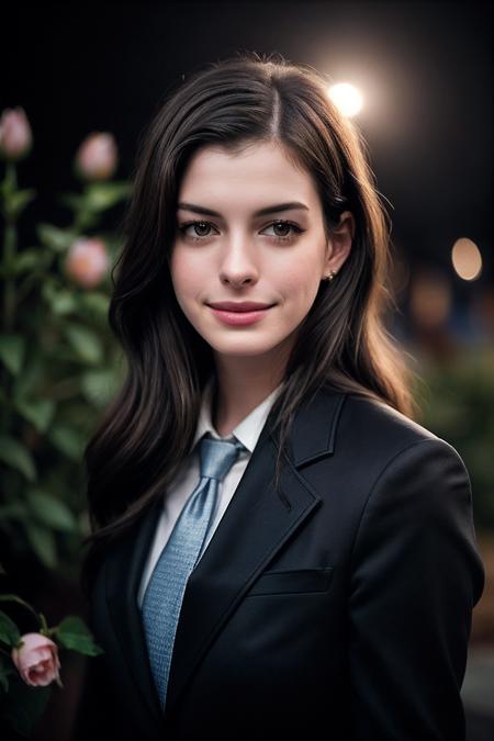 AnneH_SoloTI_v1,
(happy, smile), posing for a picture,
(Clad in a tailored charcoal suit, softened by a silk tie with a hint of color, embodying strength with a touch of tenderness),
(A moonlit garden, with fragrant blooms casting shadows in the soft glow, creating an atmosphere of subtle enchantment: 1.3),
(seductive:1.3),(analog, cinematic, film grain, hazy atmosphere, cinematic shot:1.3), 
 <lora:add_detail:0.6>,<lora:LowRa:0>, PA7_Portrait-MCU,