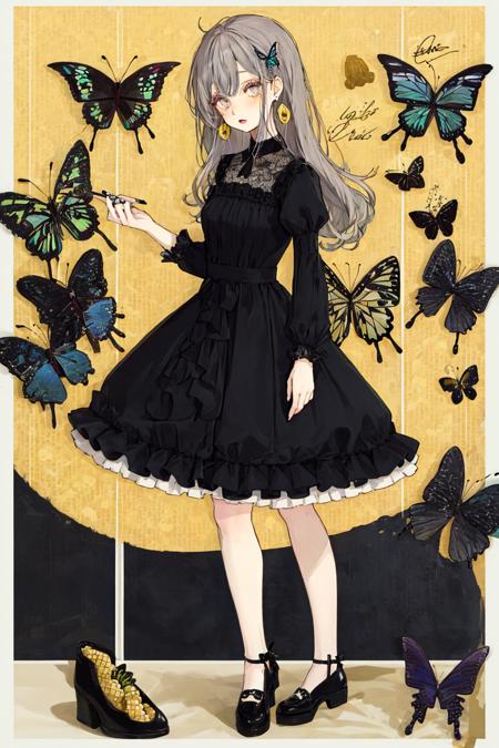 1girl, animal, argyle, argyle_background, bangs, bat, black_dress, black_footwear, blue_butterfly, bug, butterfly, butterfly_hair_ornament, butterfly_on_hand, checkered, checkered_background, closed_mouth, dress, earrings, english_text, eyebrows_visible_through_hair, full_body, grey_eyes, grey_hair, holding, honeycomb_\(pattern\), jewelry, long_hair, long_sleeves, looking_at_viewer, puffy_sleeves, shoes, short_sleeves, signature, silk, skirt, solo, spider, spider_web, standing, tile_wall, tiles, white_butterfly, yellow_butterfly <lora:style_赤仓:1>