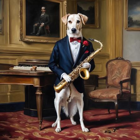 Oil painting, masterpiece, regal, fancy.  A tall slender well-dressed dog named Puproy Doggerson III plays the saxophone.