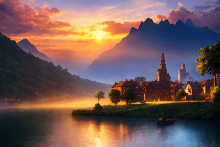 (masterpiece:1.2),best quality,high resolution,unity 8k wallpaper,(illustration:1),scenery,
no humans,sky, sunset, cloud, water, outdoors, tree, sun, nature, mountain, reflection, building, river, tower, forest, boat, bridge, house