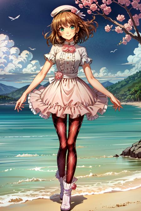 (masterpiece, best quality)
HeroineAmnesiaAnime, 1girl, solo, looking at viewer, smile, short hair, blue eyes, simple background, brown hair, hat, dress, green eyes, full body, braid, flower, pantyhose, boots, rose, pink flower, hat flower, argyle, pink rose, argyle legwear, pink pantyhose, beach
  <lora:add_detail:0.5> <lora:HeroineAmnesiaAnime:0.9>