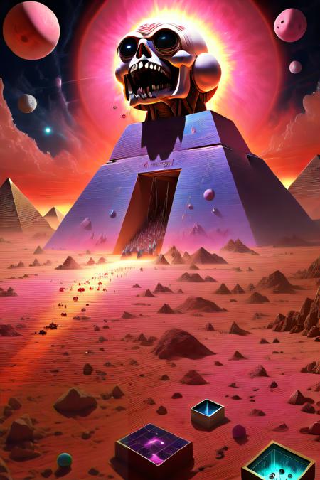 box_art_frenzy An acrylic painting by artist shawnmalloyrocks, a rocket ship Great Pyramid of Giza hybrid on the surface of Neptune, Squid like humanoids moving crystal blocks, solar eclipse, by a red river, orange diamond shaped stars in a smog filled sky, pink sand covering the entire ground, majestic, unholy, a fever dream, DMT trip, land fish, pixelated, 2d render, trending on artstation, 16k, masterpiece, soft lighting, soft focus, intricate detail, sleepy, daze haze