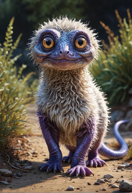 Here is a prompt for an unusual random animal:  A photorealistic illustration of a "Snurfle" (a fictional creature with a long, slender body like an eel, but covered in soft, downy fur and having two large, glowing eyes) standing on its hind legs, looking directly at the viewer. Lighting: warm sunlight, cool shadows. Colors: earthy tones, blues, purples. Camera angle: 45-degree angle from above, slightly to the side. Drawing style: Realistic, Impressionist, Watercolor. Resolution: 4K, detailed, ultra HD.