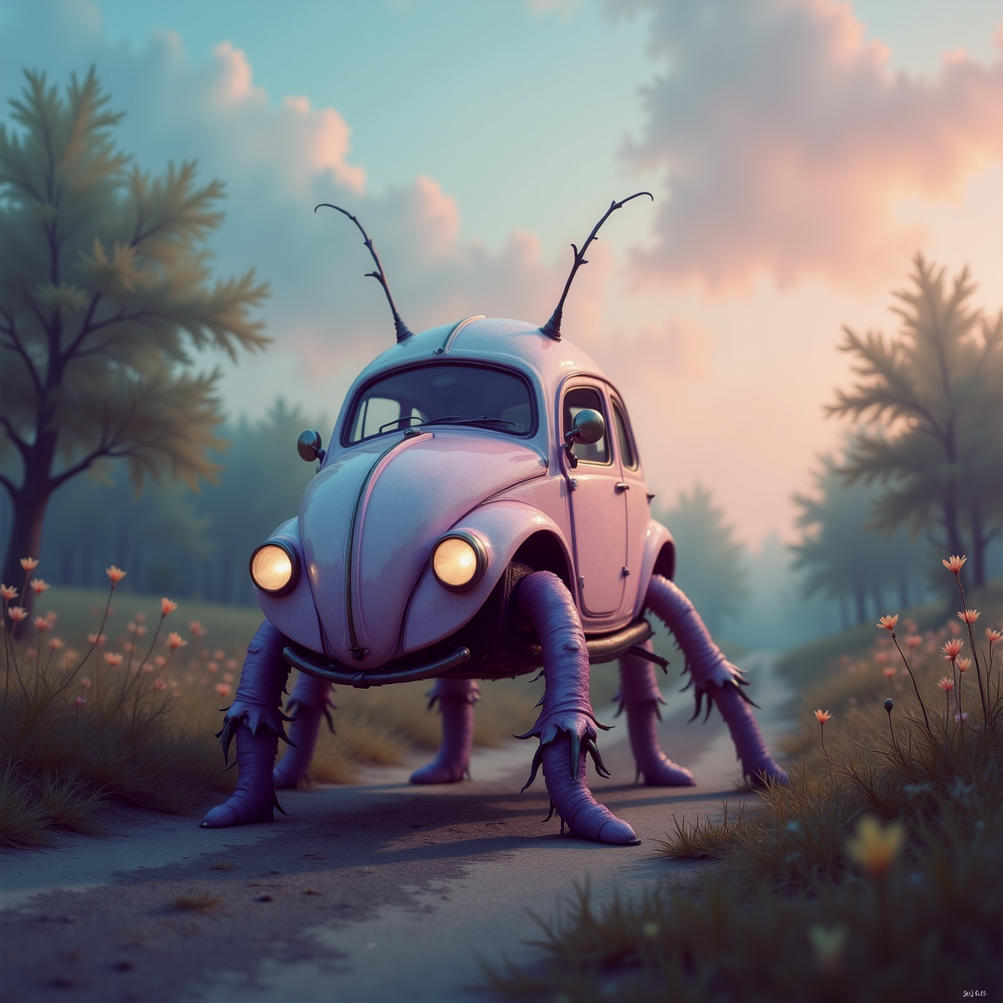 A stylized scene where a classic Beetle car has been transformed into an insect-like creature with legs and two long antennae protruding from its roof. The creature-car hybrid stands in the center of the frame on a dirt path that cuts through a misty forest setting, surrounded by tall trees and wildflowers under a soft, dawn light. 