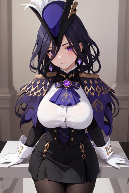 masterpiece, best quality, highly detailed, 1girl, solo, giclorinde, purple eyes, large breasts, hair between eyes, long hair, dark blue hair, earrings, black skirt, miniskirt, pantyhose, purple ascot, purple capelet, black corset, black pantyhose, black skirt, white gloves, hat, tricorne, <lora:clorinde-08:1>