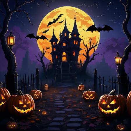 best quality,highly detailed,masterpiece,ultra-detailed,illustration,
jack-o'-lantern,moon,pumpkin,bat (animal),no humans,halloween,tree,full moon,night,scenery,sky,bare tree,castle,outdoors,cloud,stairs,tombstone,house,<lora:ä¸å£è:0.7>,